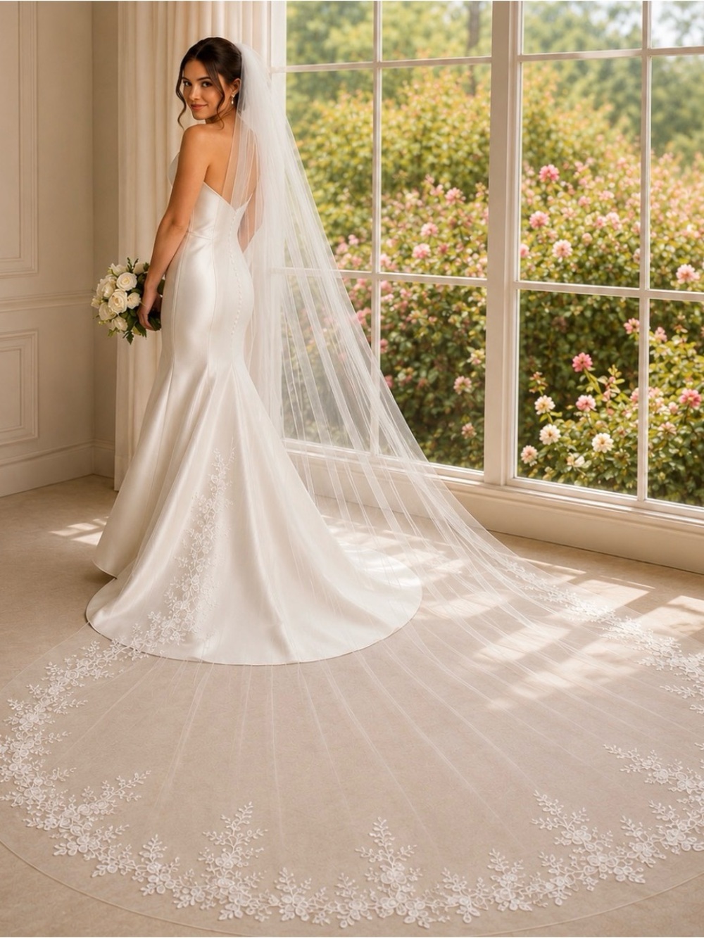 Cathedral Length Wedding Veil with Lace Appliqués